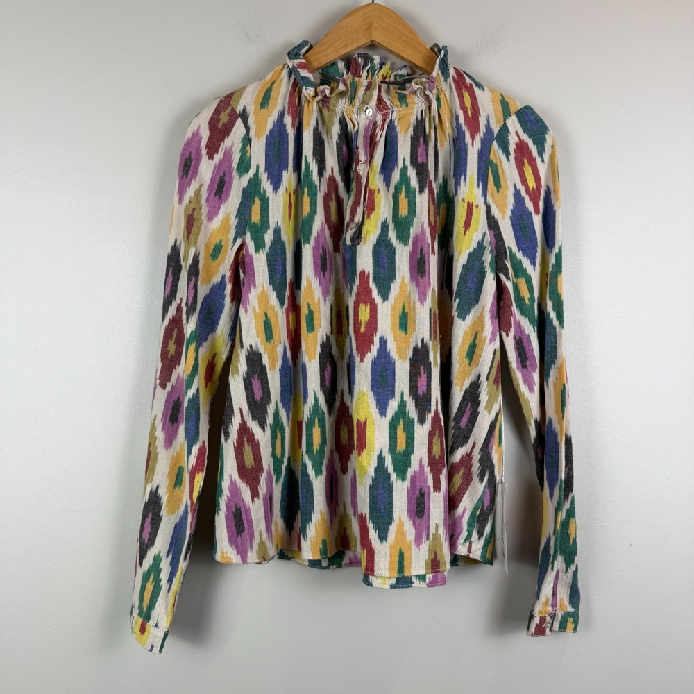 Warm NY Casey Blouse Women 0 Rainbow Ikat Print Ruffle High Neck Long Sleeve NWT